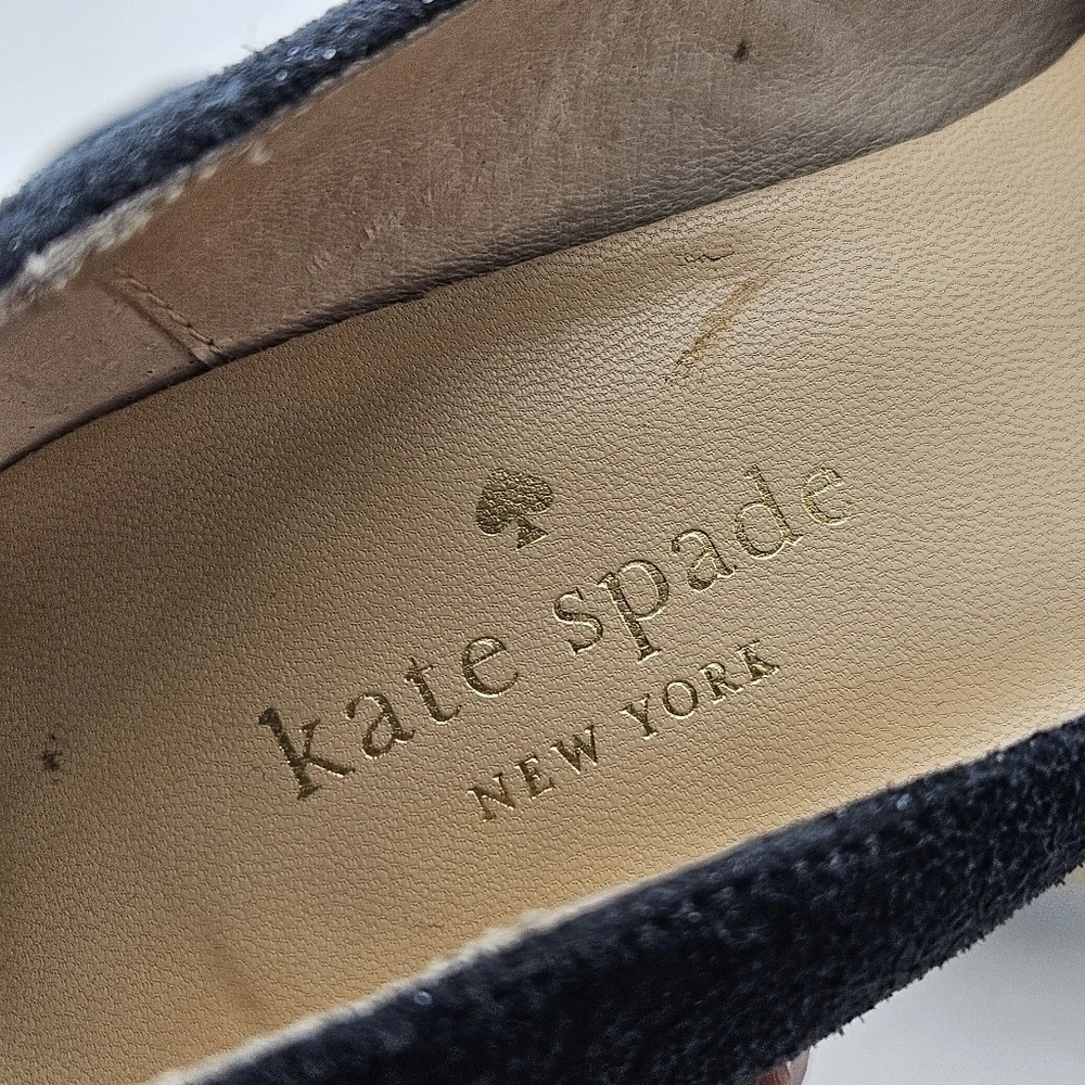 kate spade blue shimmer chambray pointed toe block heels with bow size 6.5